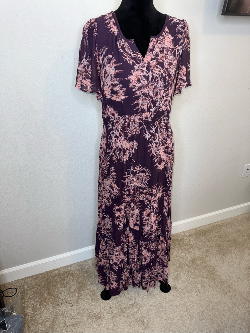 Anthropologie Purple Maxi Dress with Pink Floral Print
